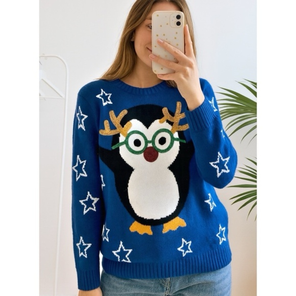 Derek Heart Sequin Penguin Winter Holiday Sparkly Christmas Sweater Size Medium